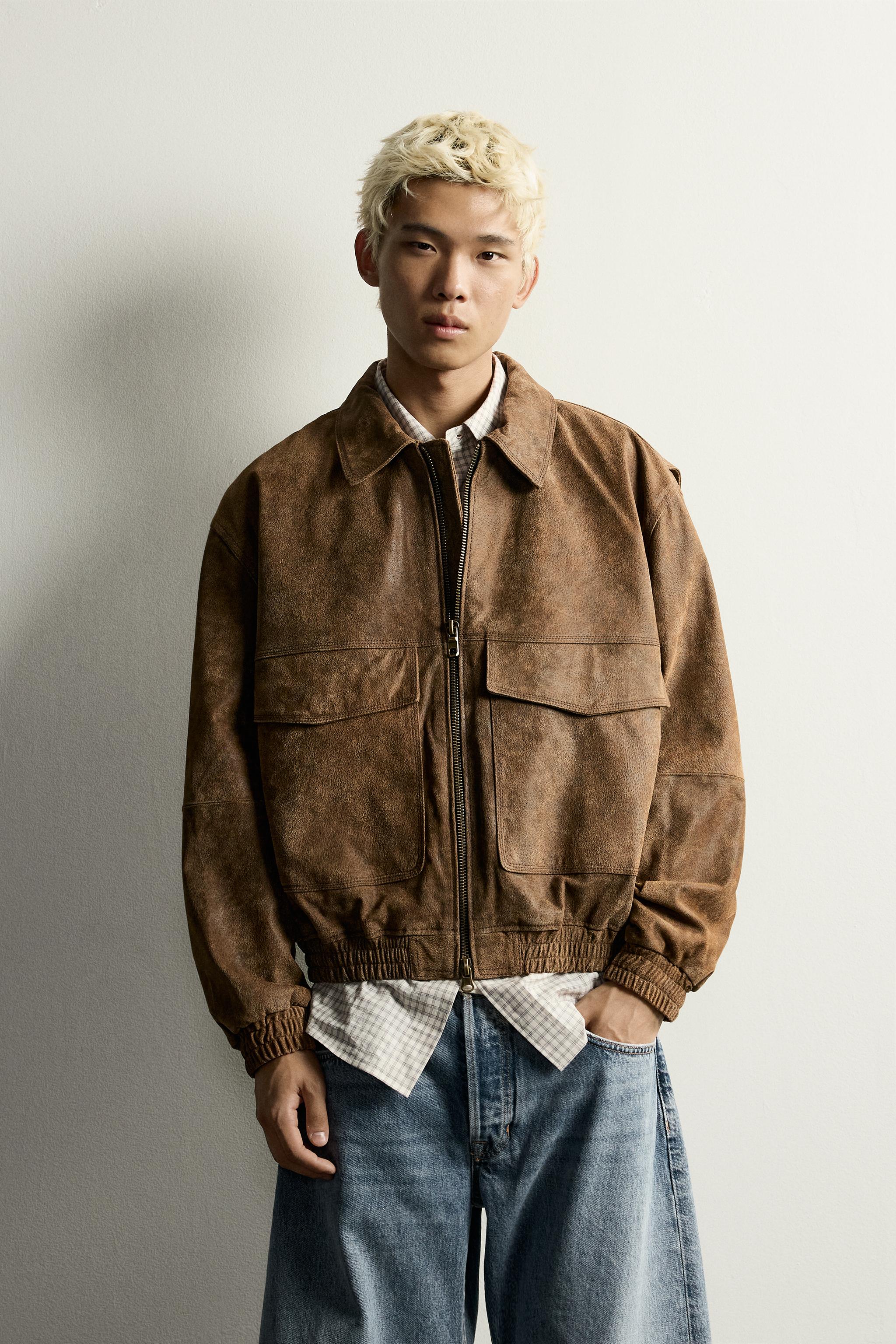 BLOUSON CROPPED EN CUIR EFFET DÉLAVÉ